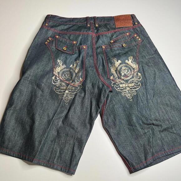 CEZER Men’s Size 36 Y2K Rap Denim Shorts Dark Wash Peru 100% Cotton Red Stitch - Picture 10 of 12